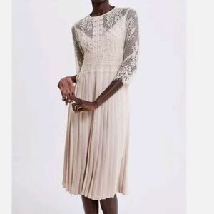 Zara Womens Cream Blush Lace Overlay Pleated Midi Dress